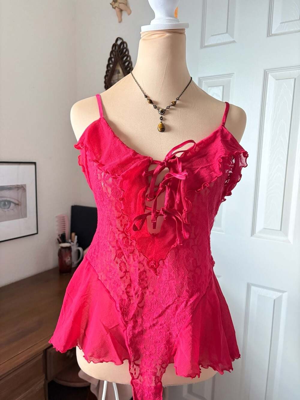 Vintage 80s Gold Label Victoria's Secret Lace Bodysuit Size L Red Spaghetti Stra
